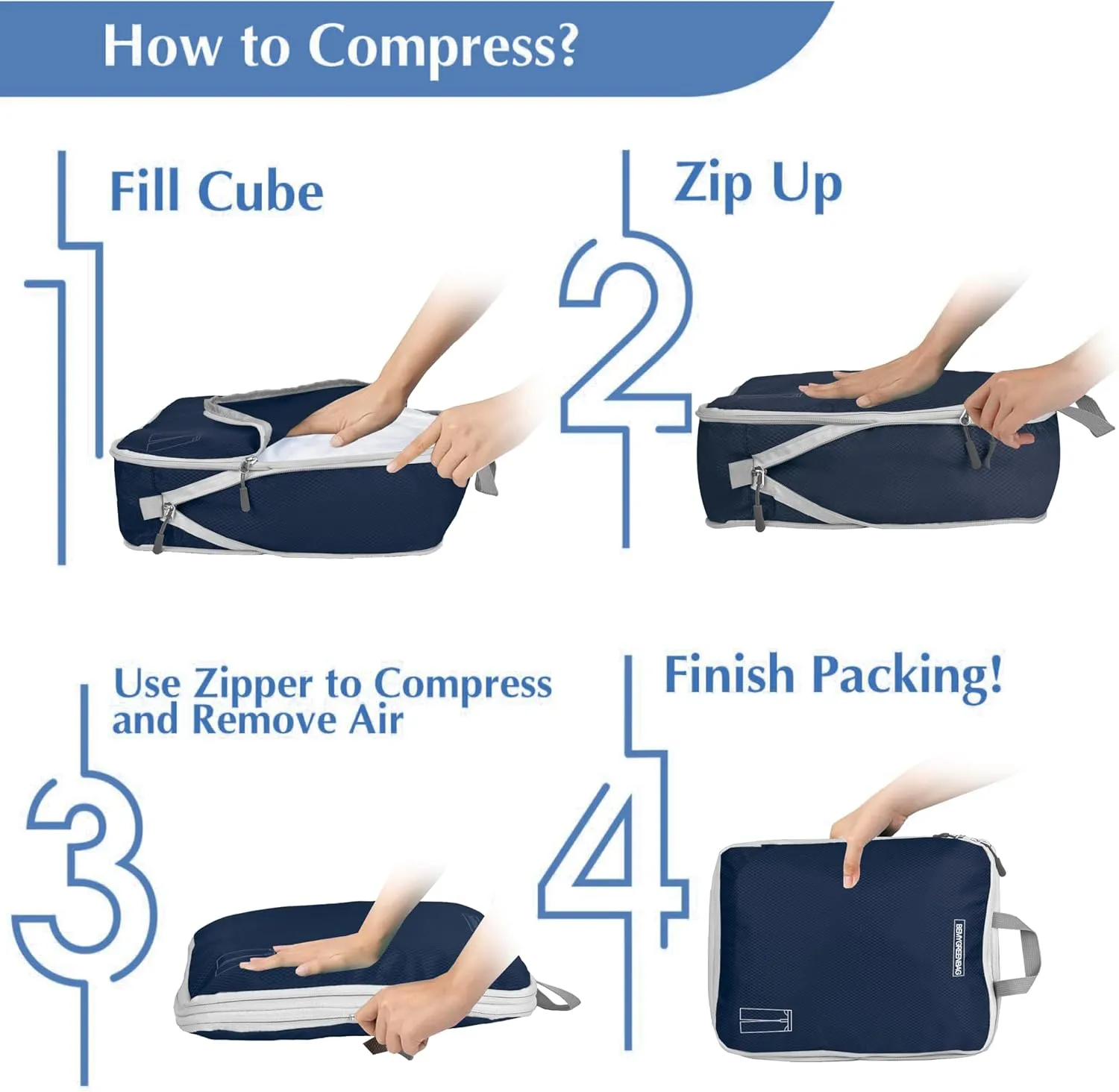 8 Set Expandable Compression Packing Cubes for Suitcases Travel Essentials Carry On Waterproof Storage Bag With Dry And Wet Separation Dark Blue