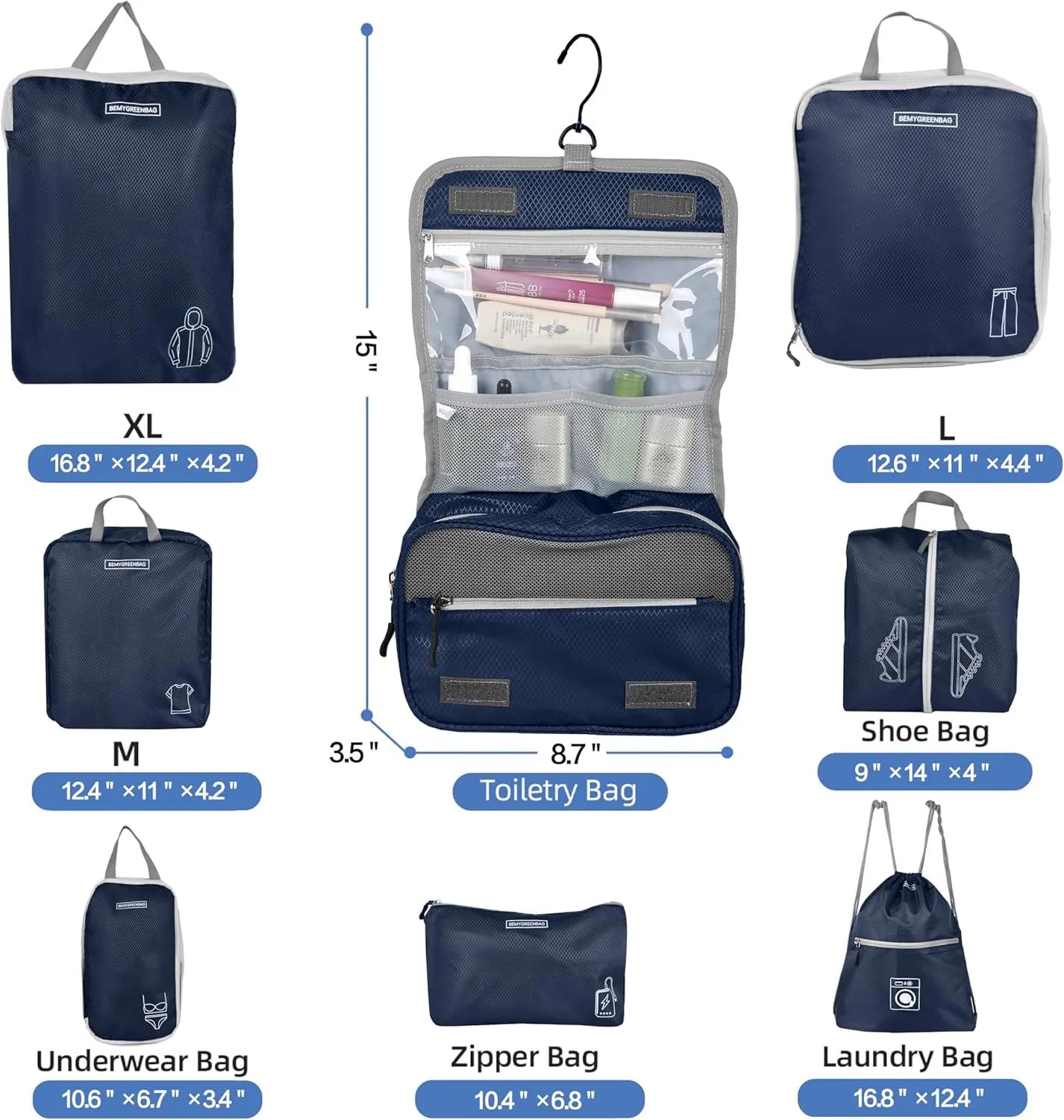 8 Set Expandable Compression Packing Cubes for Suitcases Travel Essentials Carry On Waterproof Storage Bag With Dry And Wet Separation Dark Blue