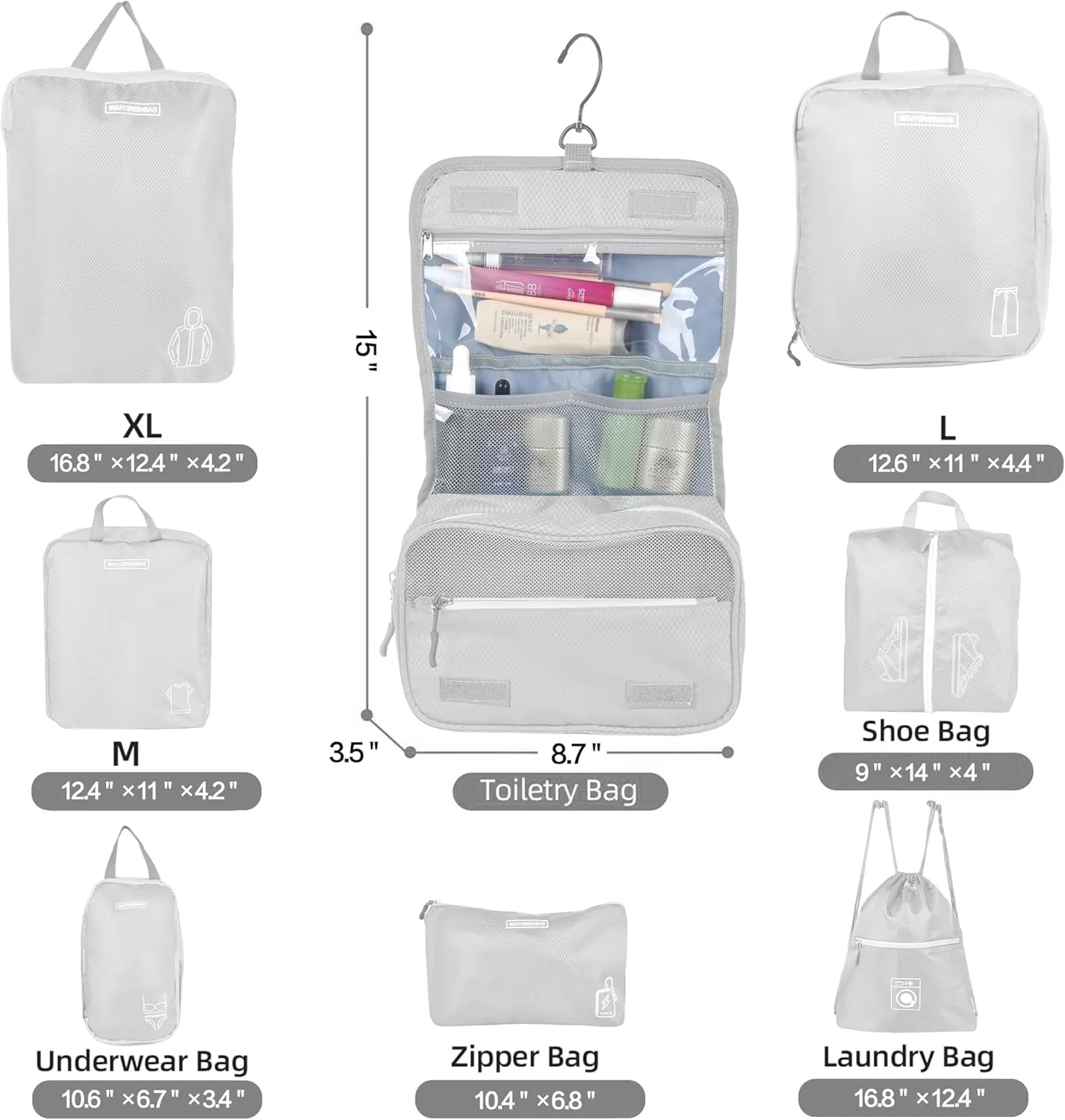 8 Set Expandable Compression Packing Cubes for Suitcases Travel Essentials Carry On Waterproof Storage Bag With Dry And Wet Separation Silvery
