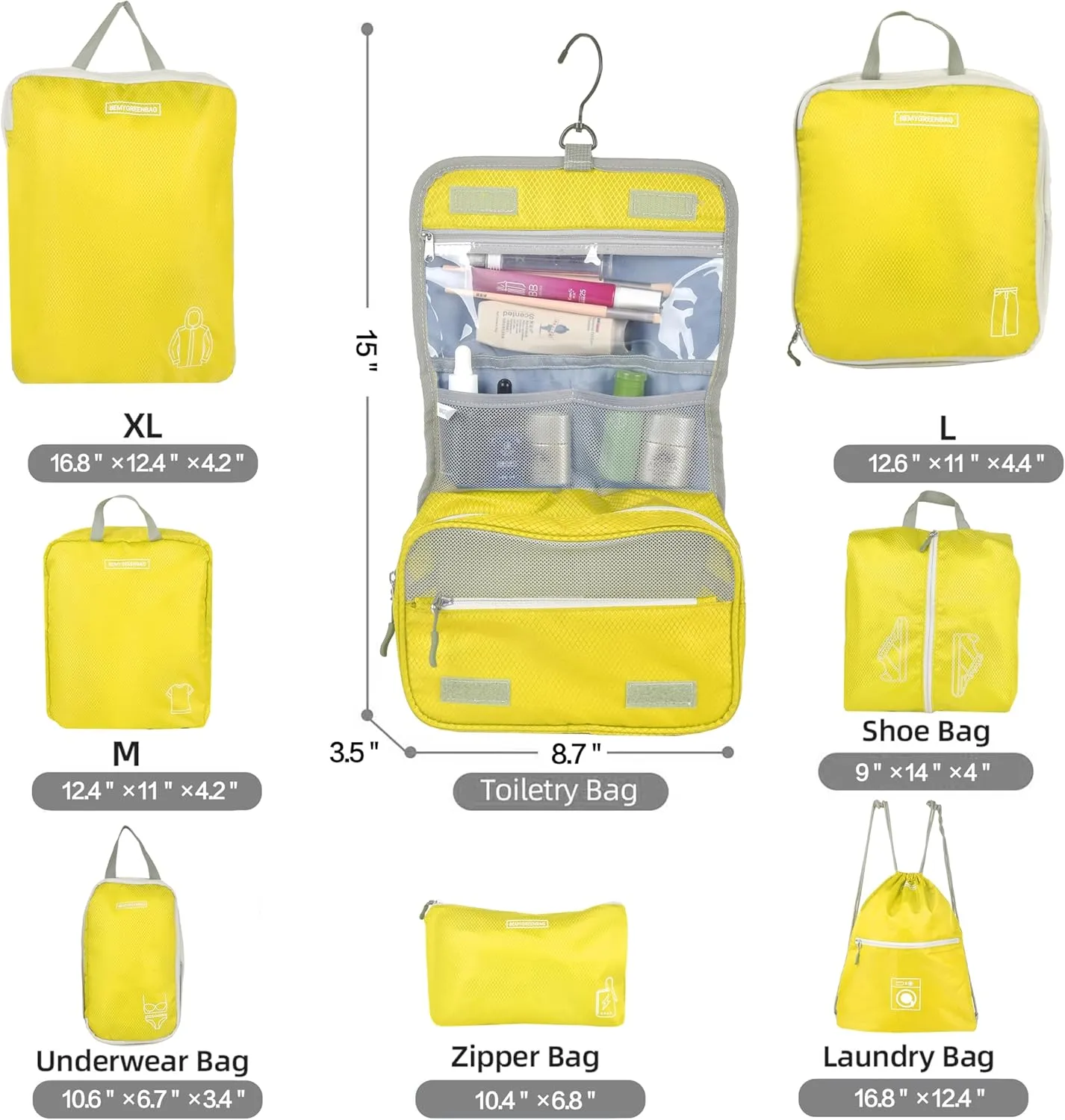 8 Set Expandable Compression Packing Cubes for Suitcases Travel Essentials Carry On Waterproof Storage Bag With Dry And Wet Separation Yellow