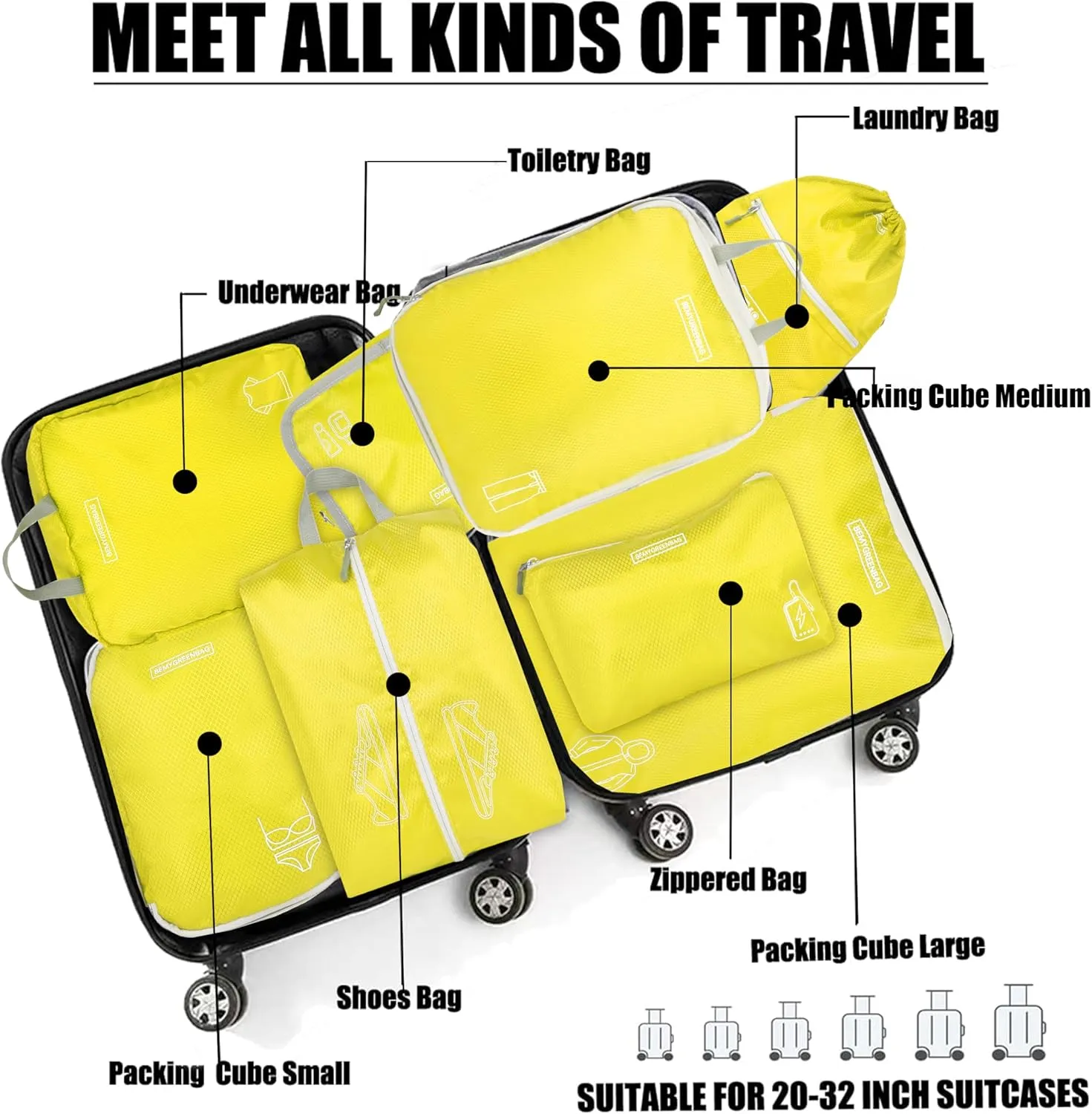 8 Set Expandable Compression Packing Cubes for Suitcases Travel Essentials Carry On Waterproof Storage Bag With Dry And Wet Separation Yellow