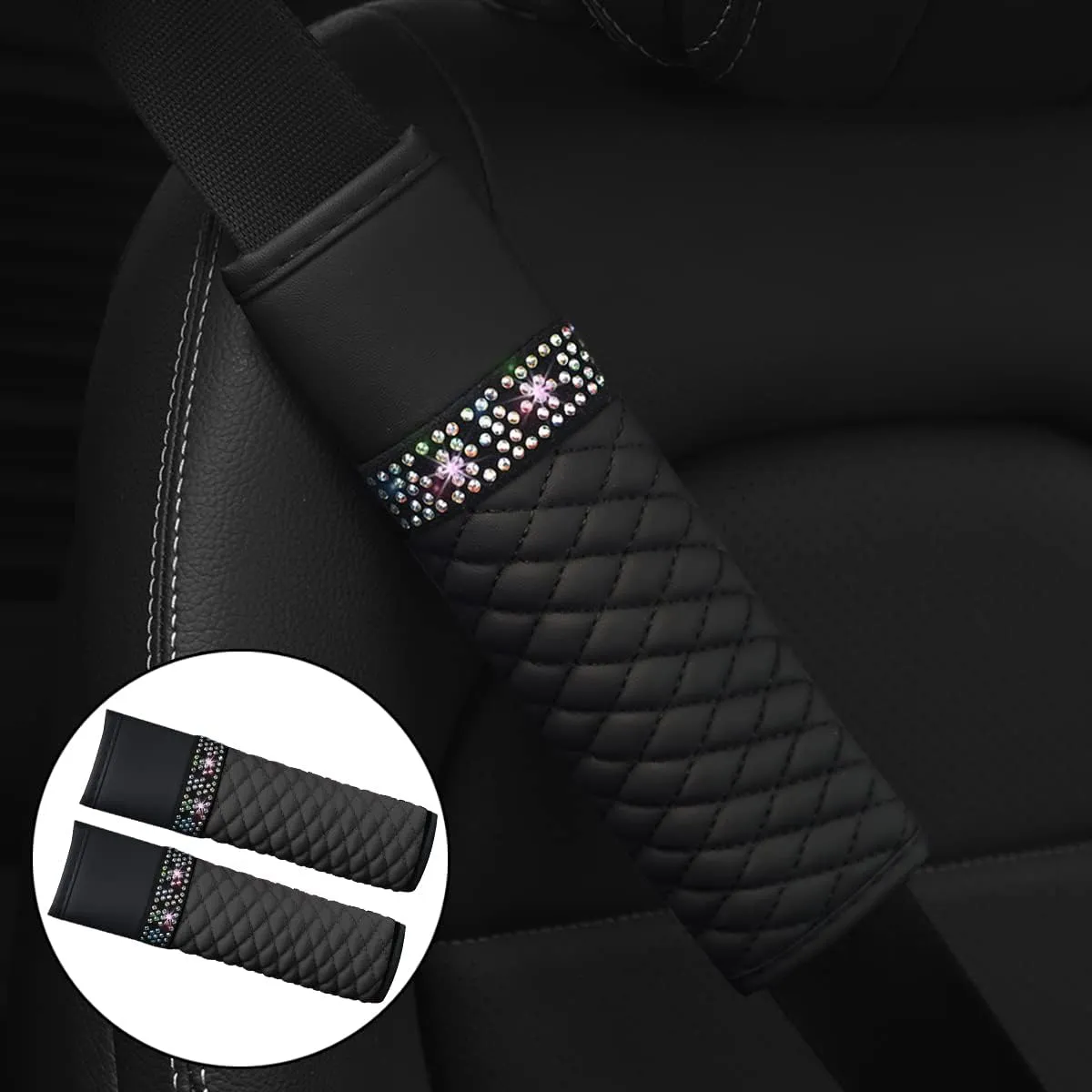 AICEL 2 Pcs Auto Seat Belt Cover, Sparkling Rhinestone Shoulder Strap for a More Comfortable Driving, Harness Pads Protect Your Neck, Accessories Compatible with All Cars and Backpack (Black)