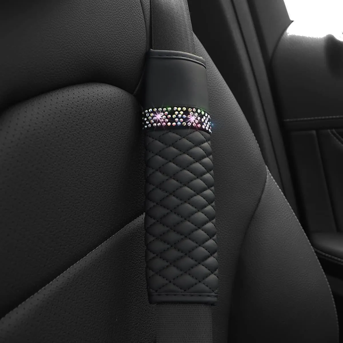 AICEL 2 Pcs Auto Seat Belt Cover, Sparkling Rhinestone Shoulder Strap for a More Comfortable Driving, Harness Pads Protect Your Neck, Accessories Compatible with All Cars and Backpack (Black)