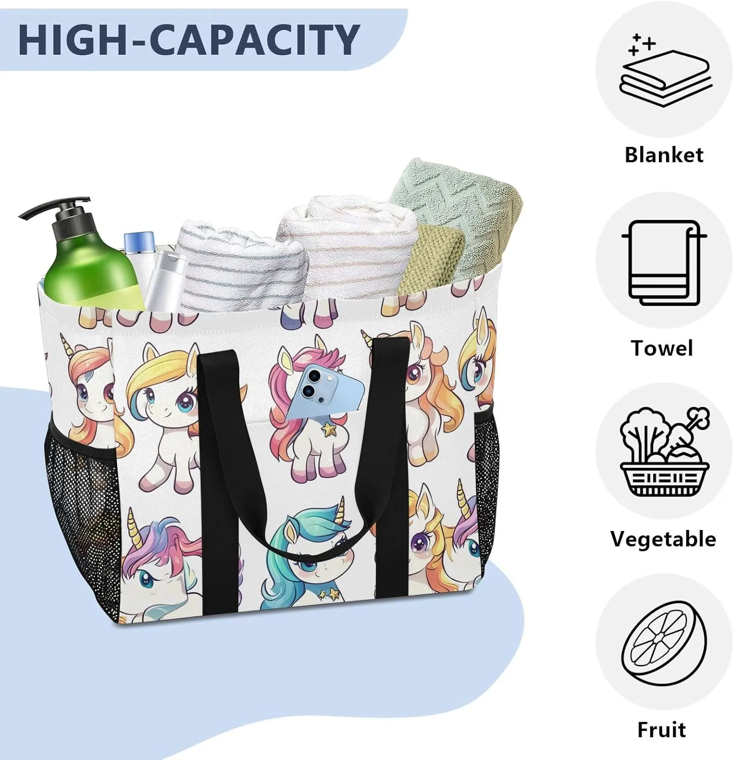 ALAZA Flower Unicorn Pattern Waterproof Beach Tote Bags