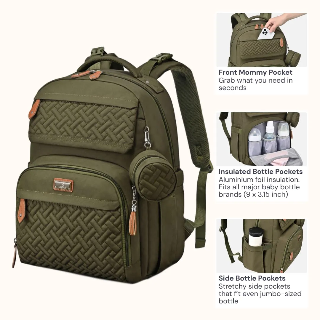 BabbleRoo Diaper Bag Backpack, Travel Backpack with Changing Pad, Pacifier Case & Stroller Straps, Multifunction, Waterproof, Unisex  Army Green