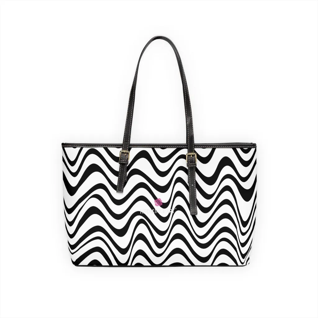 Black White Wavy Tote Bag, Best Abstract Waves PU Leather Shoulder Work Bag 17"x11"/ 16"x10"
