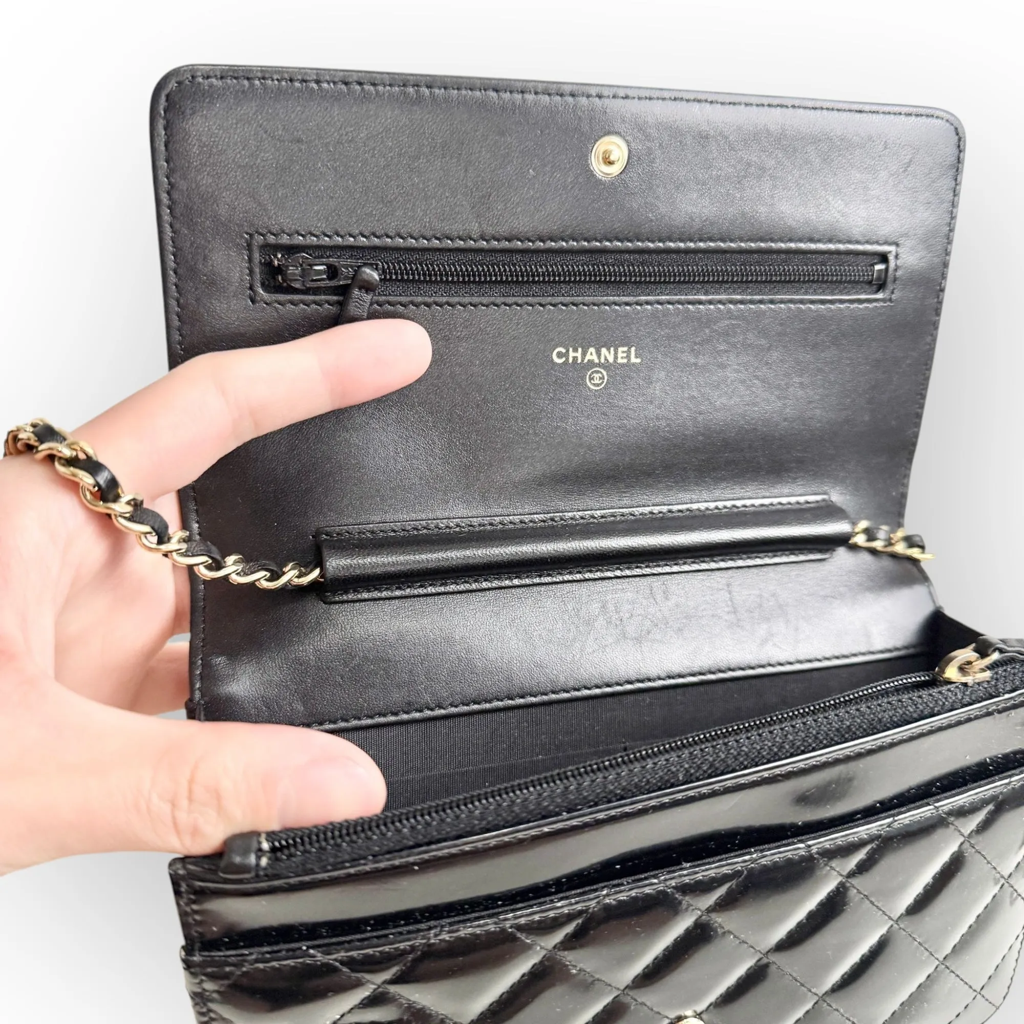 Chanel Classic Leboy Wallet on Chain, Black Diamond Quilted Patent Leather, Gold-tone Hardware