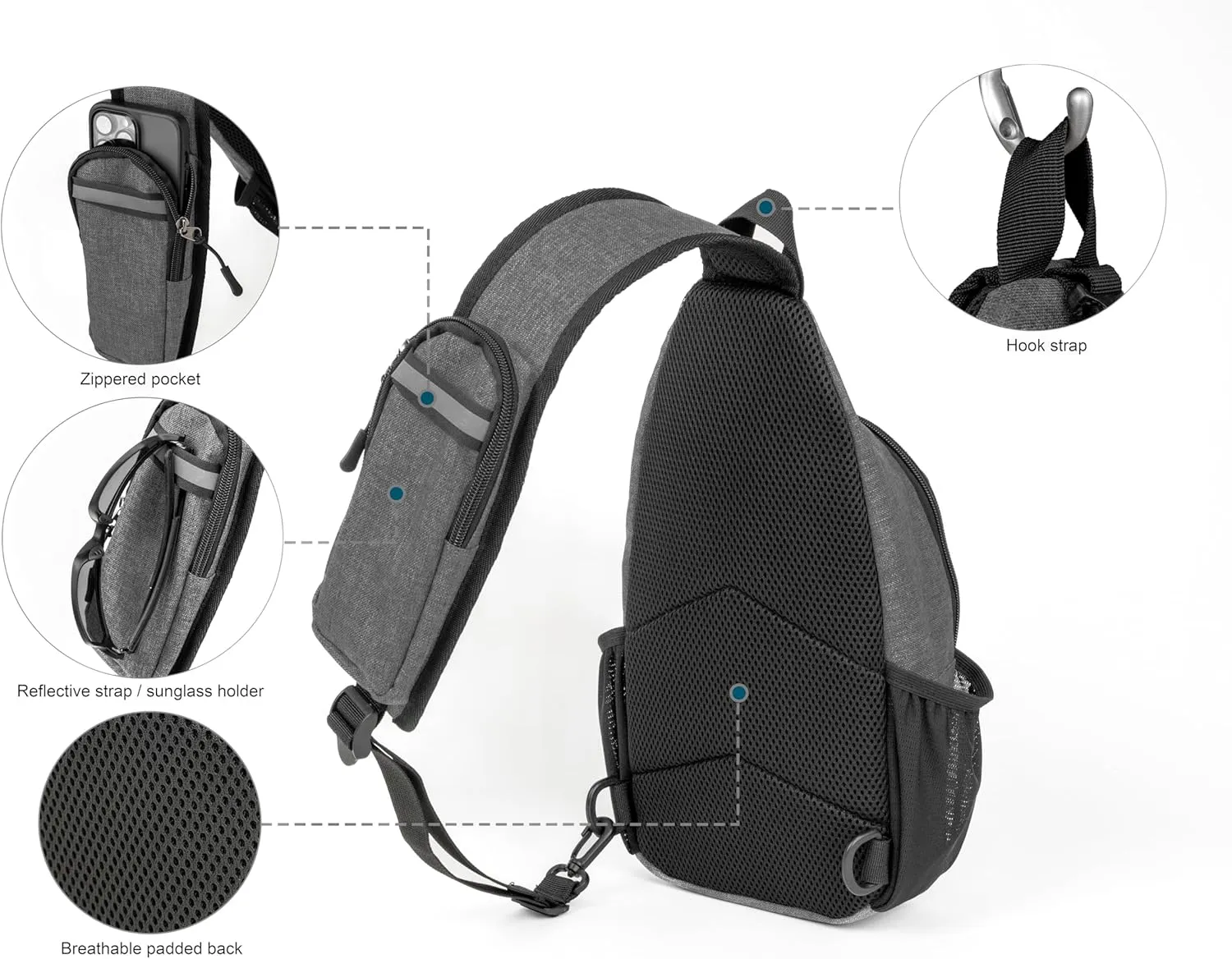 Crossbody Sling Bag  Anti-Theft Carryall Daypack Backpack with Adjustable Chest Strap for Travel or Hiking (Grey)