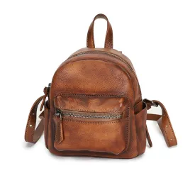 Cute Womens Mini  Brown Small Leather Backpack Bag Purses for Women