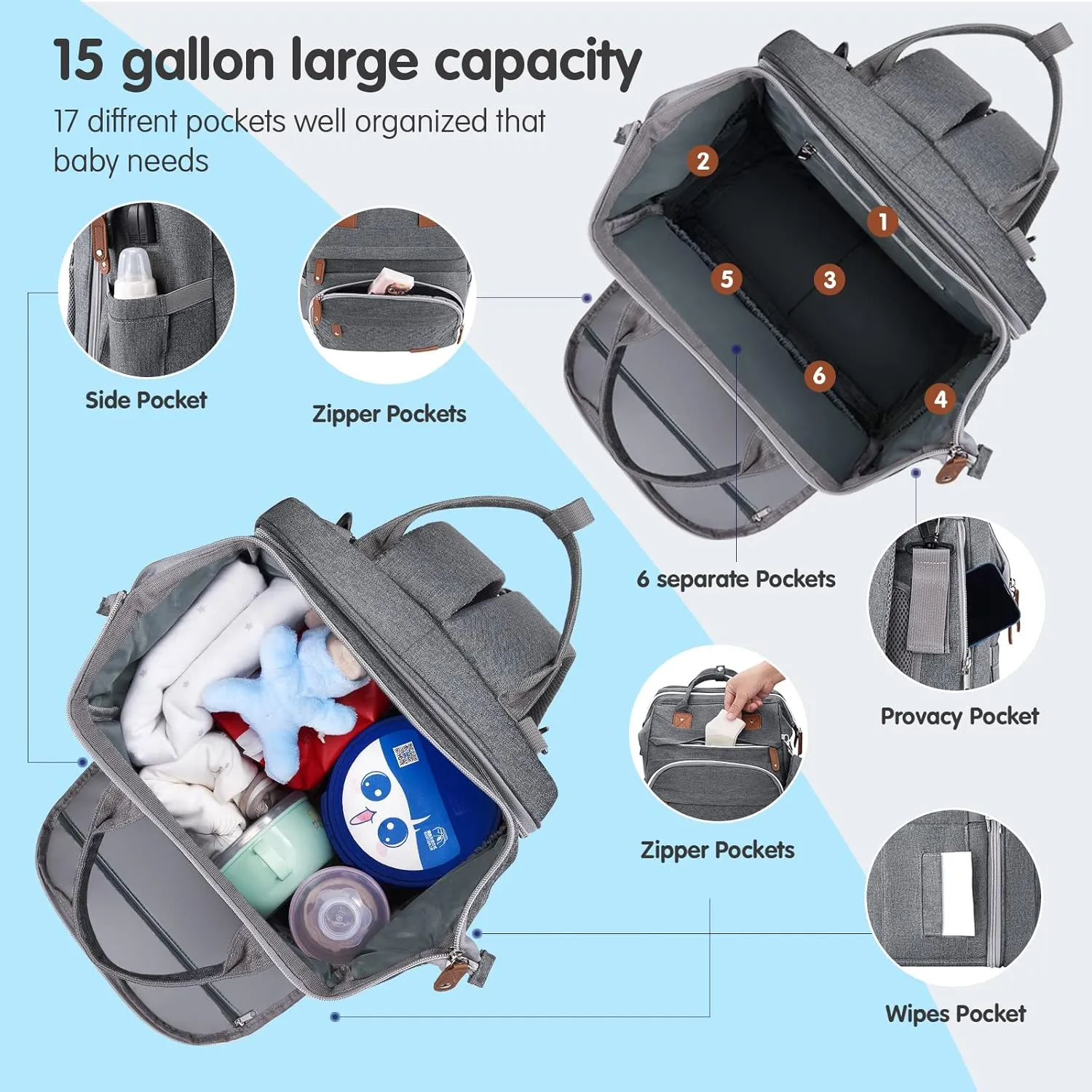 DERJUNSTAR Diaper Bag Backpack  Large Capacity Baby Diaper Bag with Changing Pad, Waterproof Travel Backpack for Boys & Girls, Multi-Function Baby Bag with USB Charging Port, Grey
