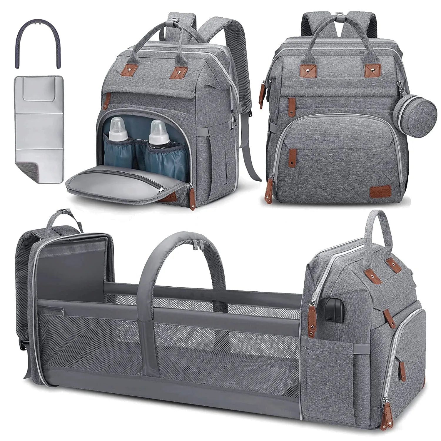 DERJUNSTAR Diaper Bag Backpack  Large Capacity Baby Diaper Bag with Changing Pad, Waterproof Travel Backpack for Boys & Girls, Multi-Function Baby Bag with USB Charging Port, Grey