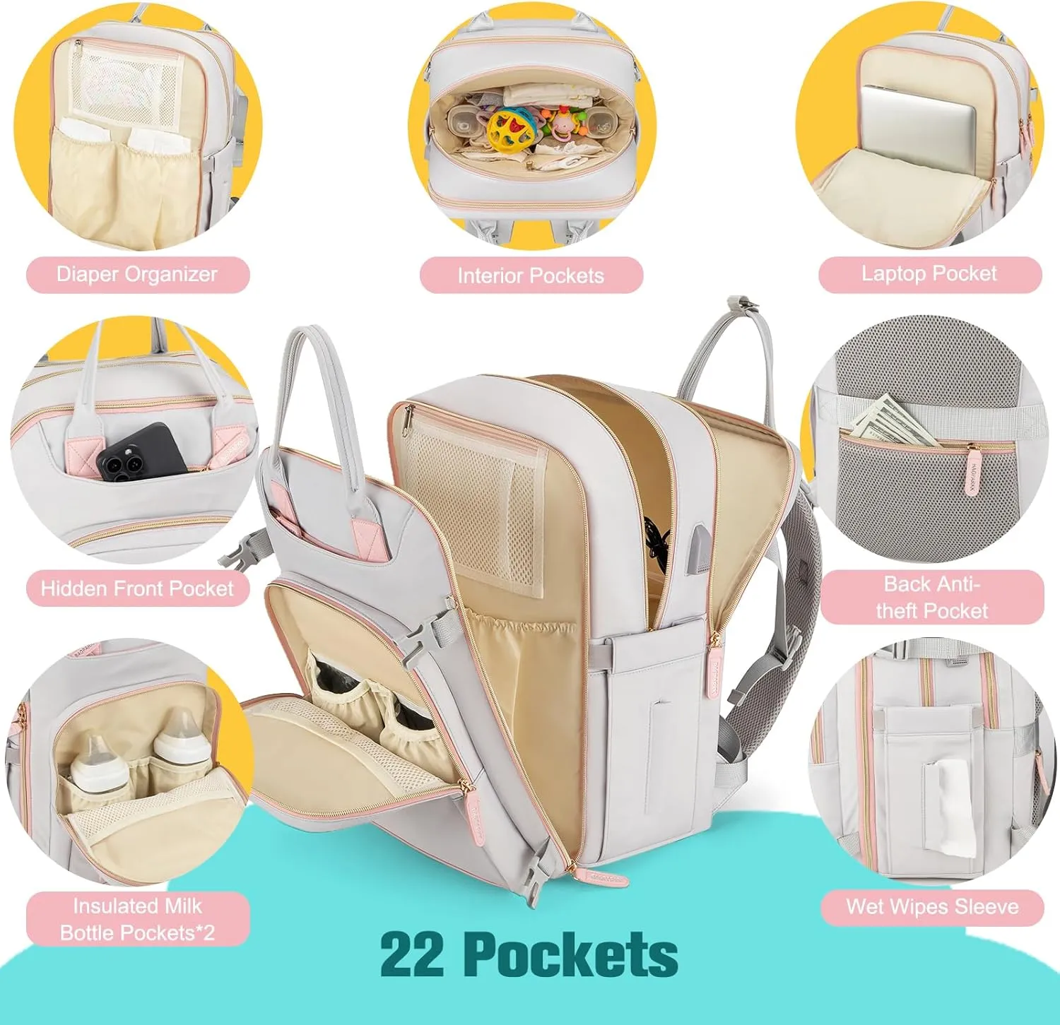 Diaper Bag Backpack, Multi function Baby Bag with Portable Changing Pad, Pacifier Holder,Waterproof Diaper Bags with USB Charging Port,Anti-Theft Travel Backpack for Mom, Dad, Newborn (Gray)