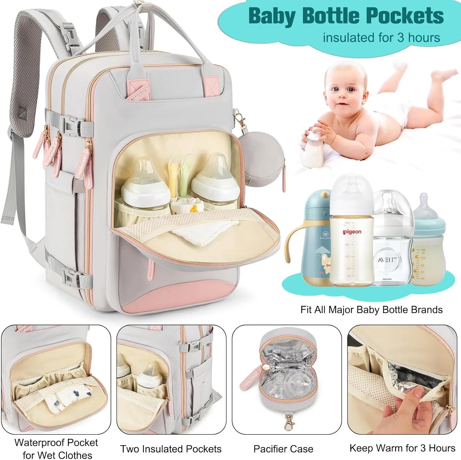 Diaper Bag Backpack, Multi function Baby Bag with Portable Changing Pad, Pacifier Holder,Waterproof Diaper Bags with USB Charging Port,Anti-Theft Travel Backpack for Mom, Dad, Newborn (Gray)