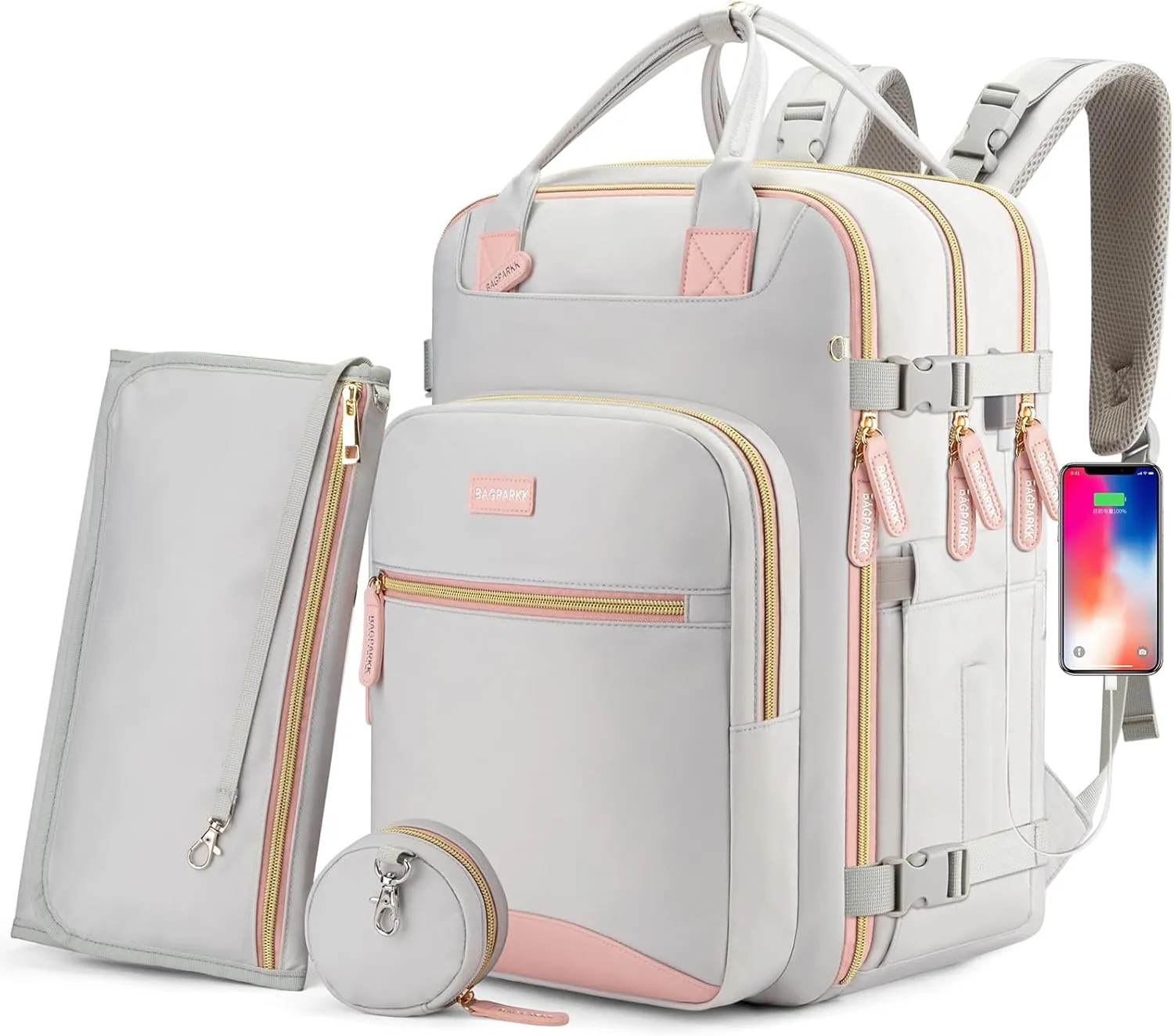 Diaper Bag Backpack, Multi function Baby Bag with Portable Changing Pad, Pacifier Holder,Waterproof Diaper Bags with USB Charging Port,Anti-Theft Travel Backpack for Mom, Dad, Newborn (Gray)
