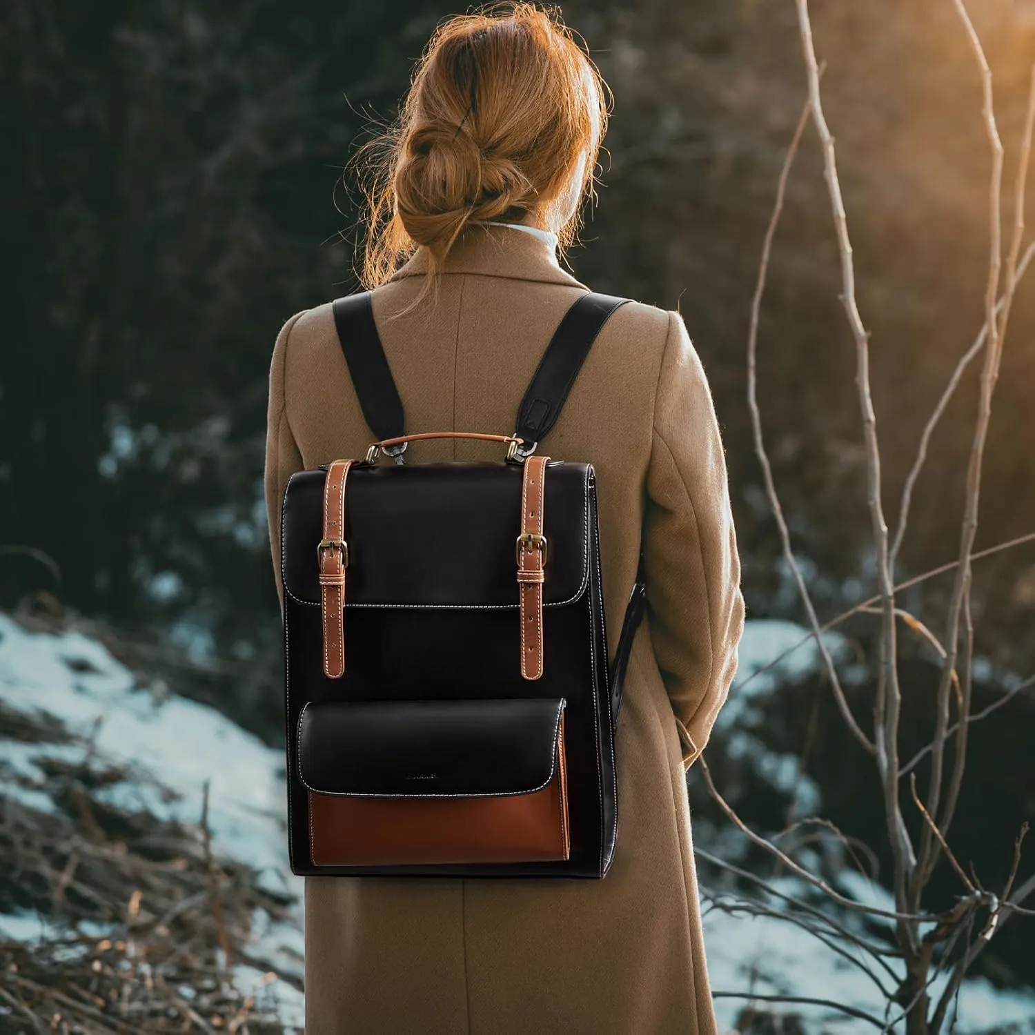 ECOSUSI Laptop Backpack for Women PU Leather Backpack Vintage for Laptop 15.6 inches Computer Bag College Bookbag