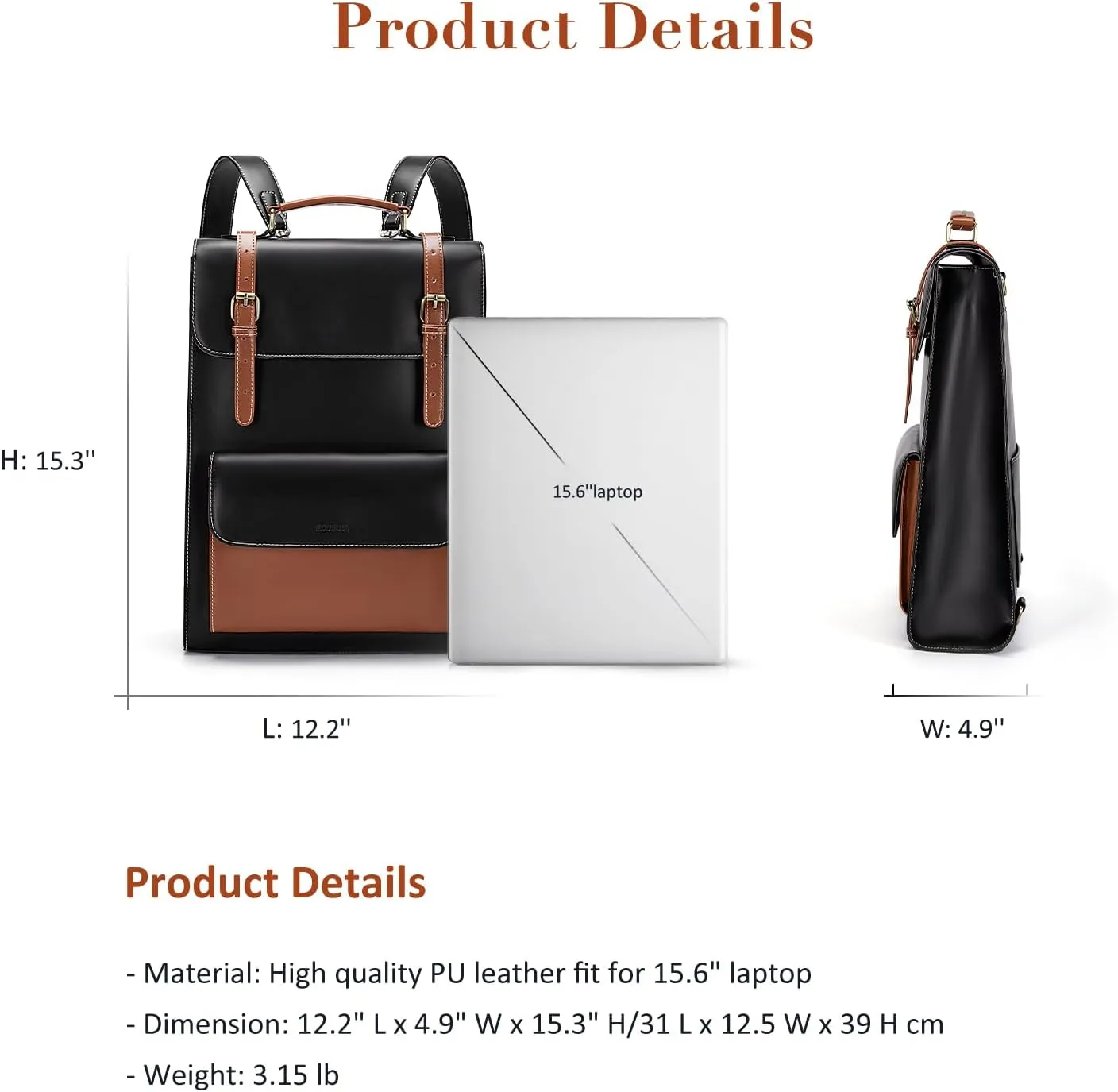 ECOSUSI Laptop Backpack for Women PU Leather Backpack Vintage for Laptop 15.6 inches Computer Bag College Bookbag