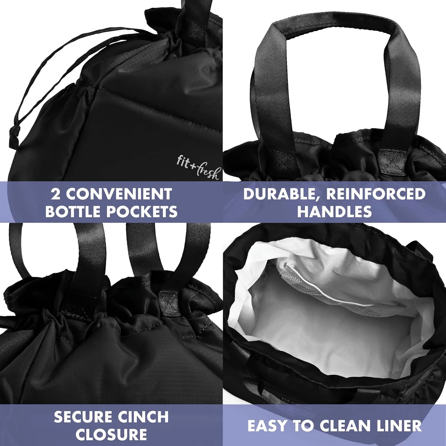 Fit & Fresh Lunch Bag For Women, Insulated Womens Lunch Bag For Work, Stain-Resistant Large Lunch Box For Women With Containers, Cinch Closure Cromwell Bag, Black