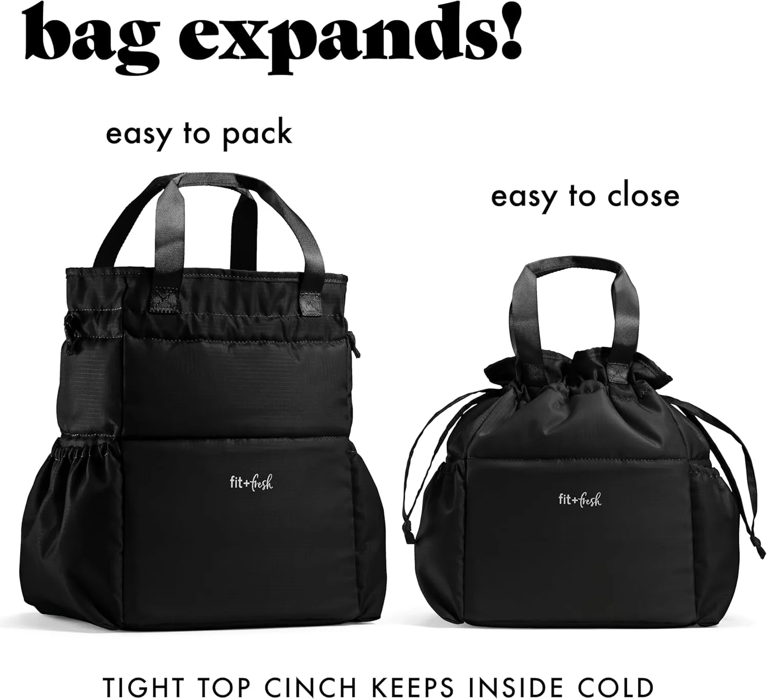 Fit & Fresh Lunch Bag For Women, Insulated Womens Lunch Bag For Work, Stain-Resistant Large Lunch Box For Women With Containers, Cinch Closure Cromwell Bag, Black