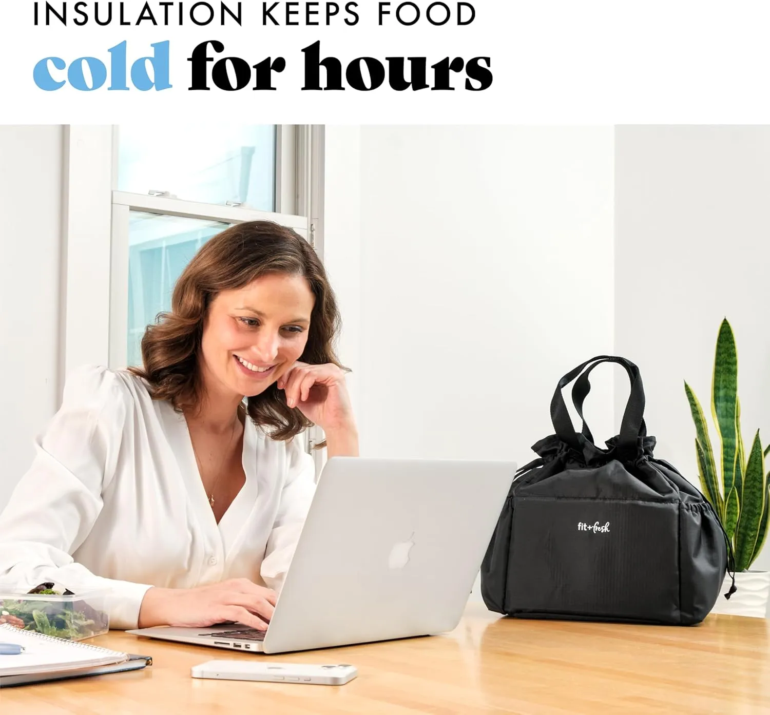 Fit & Fresh Lunch Bag For Women, Insulated Womens Lunch Bag For Work, Stain-Resistant Large Lunch Box For Women With Containers, Cinch Closure Cromwell Bag, Black