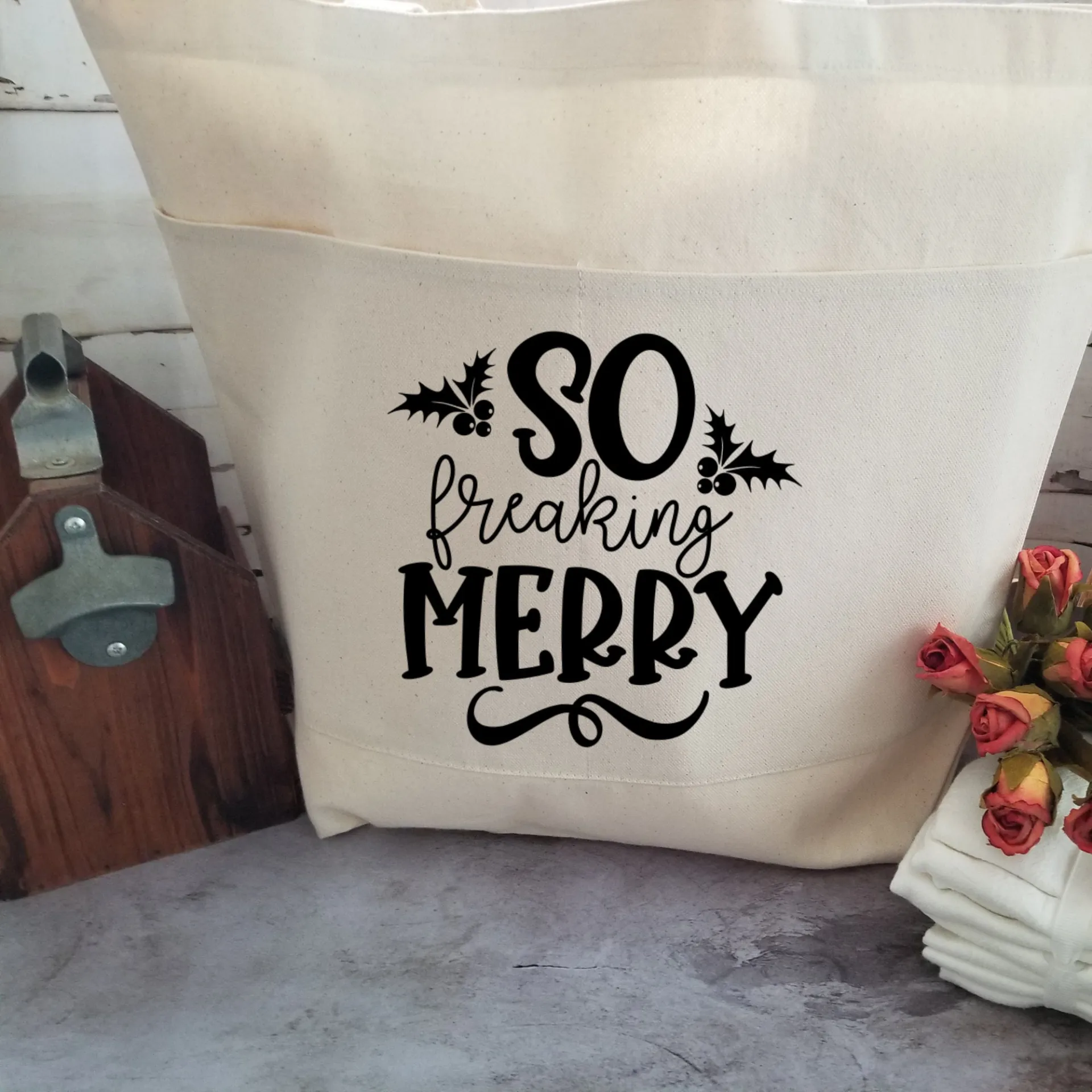 Funny Sarcastic Christmas Large Heavy Cotton Canvas Tote Bag with Pockets | Reusable Canvas Bag for Shopping or Overnight |Sarcasm Quote Bag