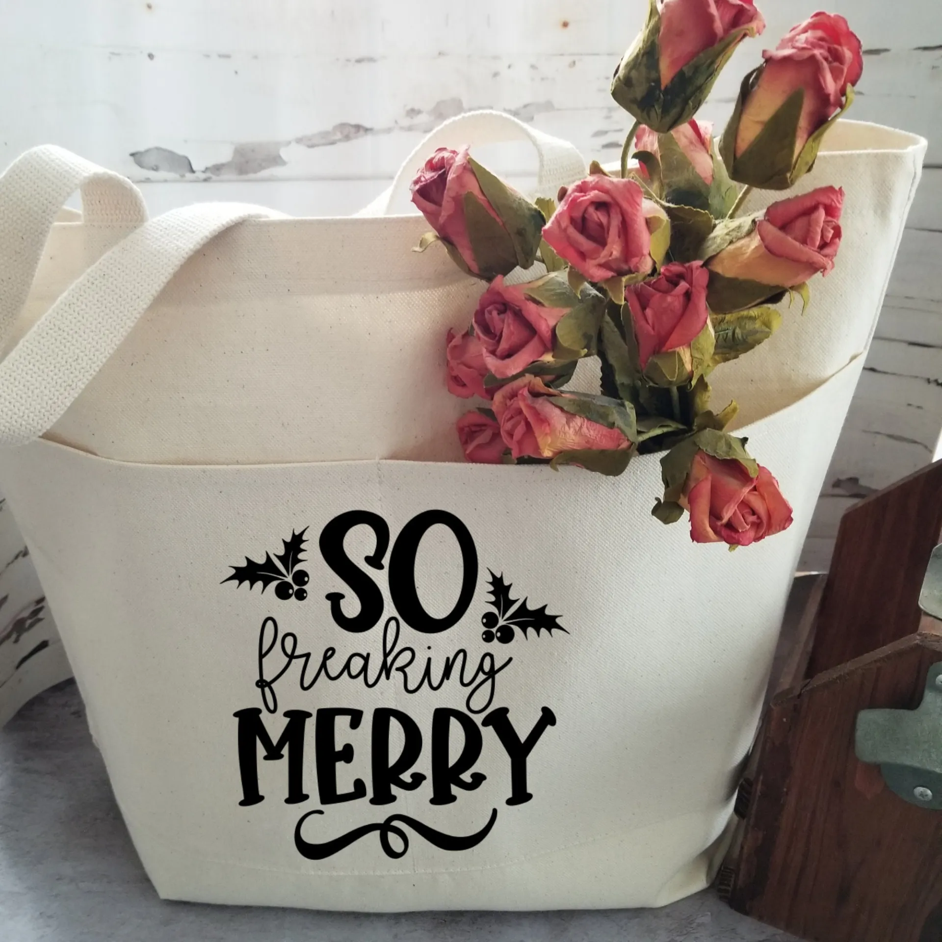 Funny Sarcastic Christmas Large Heavy Cotton Canvas Tote Bag with Pockets | Reusable Canvas Bag for Shopping or Overnight |Sarcasm Quote Bag