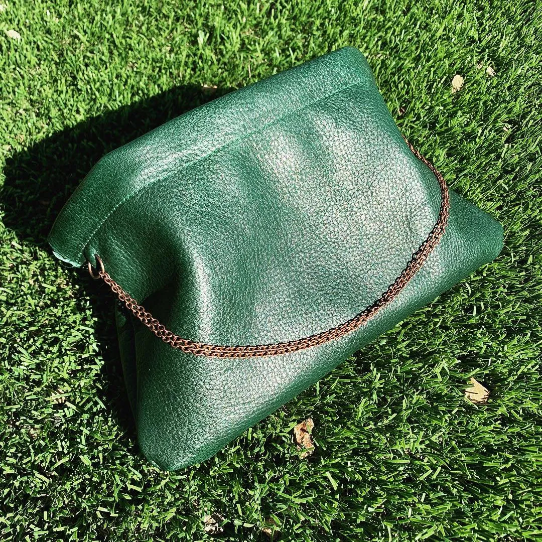 Green Leather Snap Frame Chain Clutch