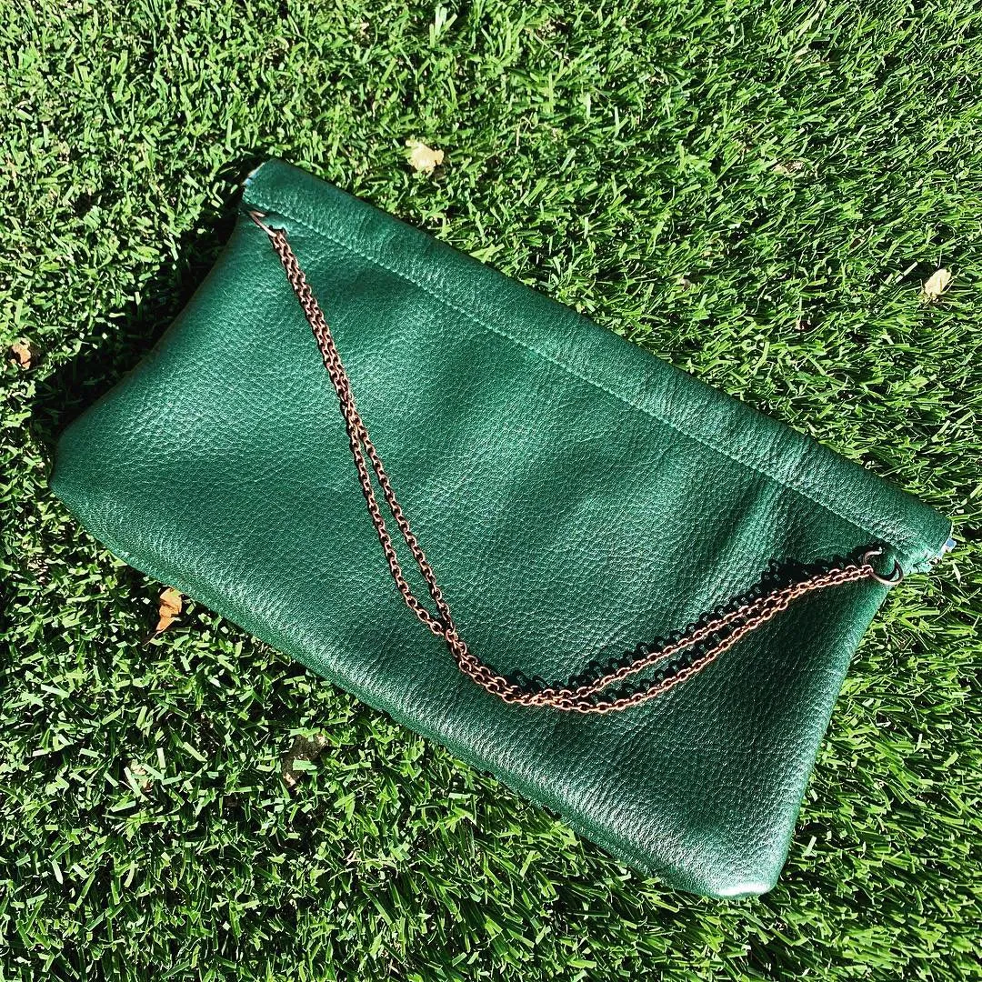 Green Leather Snap Frame Chain Clutch