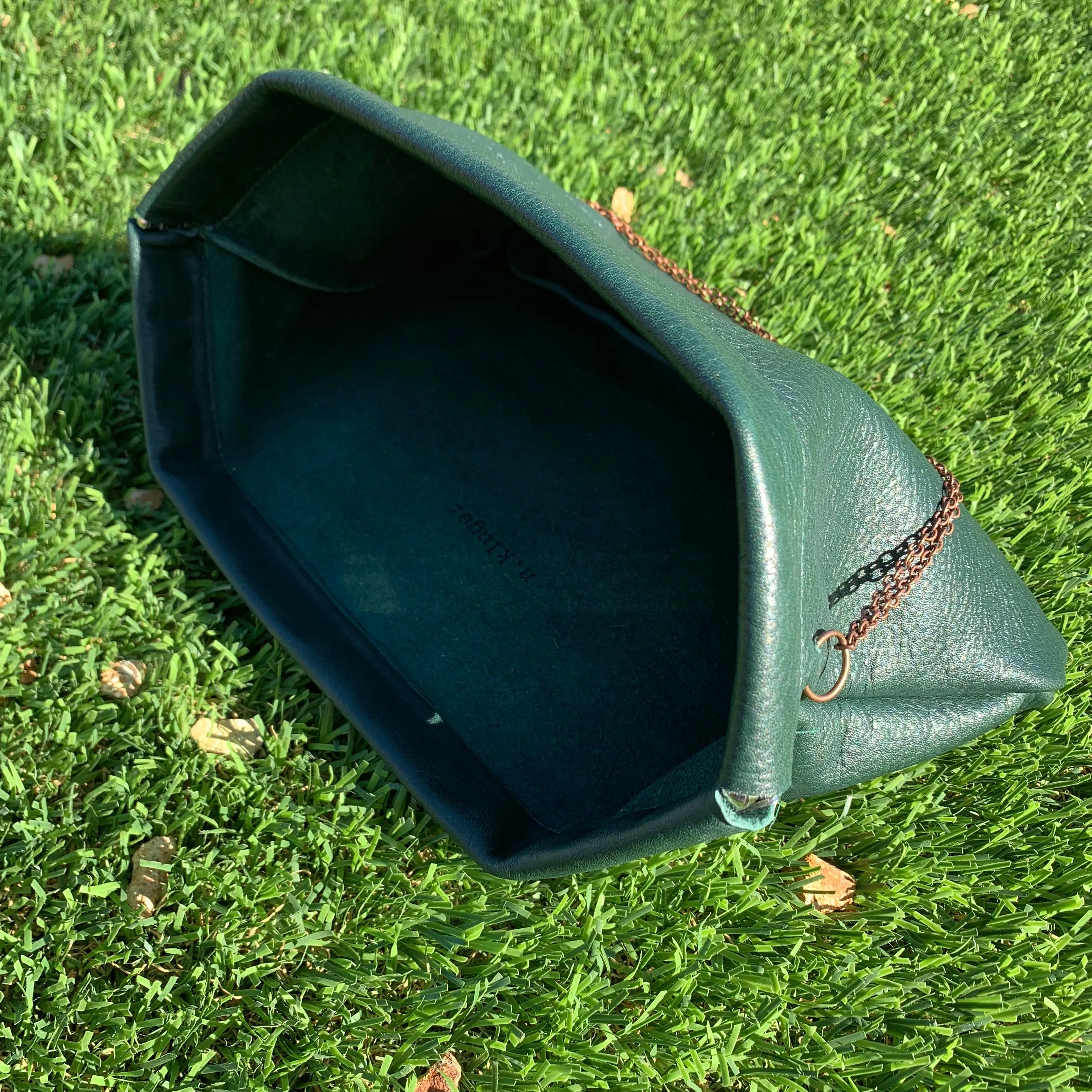 Green Leather Snap Frame Chain Clutch