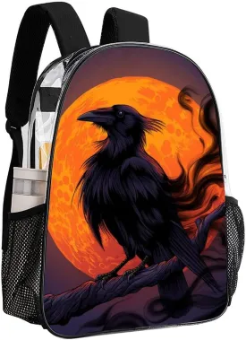 Halloween Raven Moon Dark Night Art Daypack Lightweight Multipurpose Anti-Theft Shoulder Bag Large Capacity Laptop Book Bag Rucksack Transparent Bag