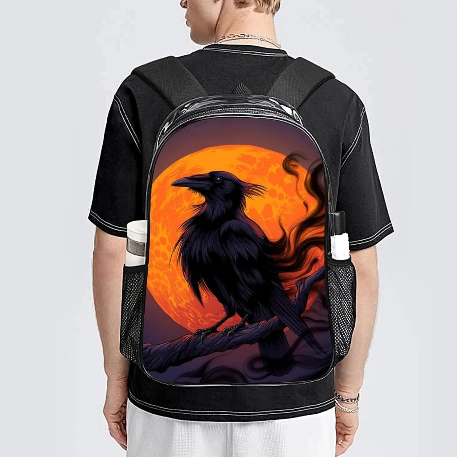 Halloween Raven Moon Dark Night Art Daypack Lightweight Multipurpose Anti-Theft Shoulder Bag Large Capacity Laptop Book Bag Rucksack Transparent Bag