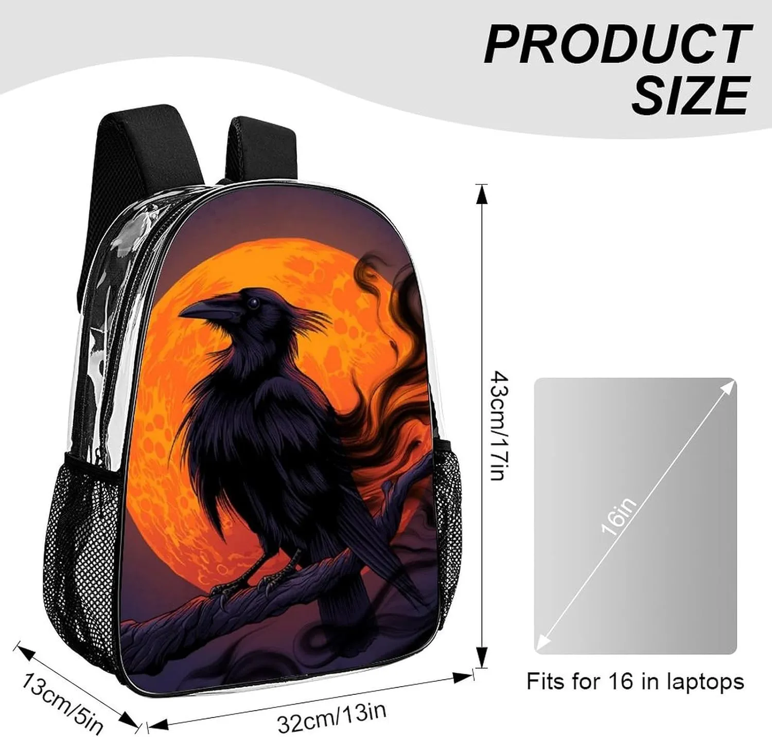 Halloween Raven Moon Dark Night Art Daypack Lightweight Multipurpose Anti-Theft Shoulder Bag Large Capacity Laptop Book Bag Rucksack Transparent Bag
