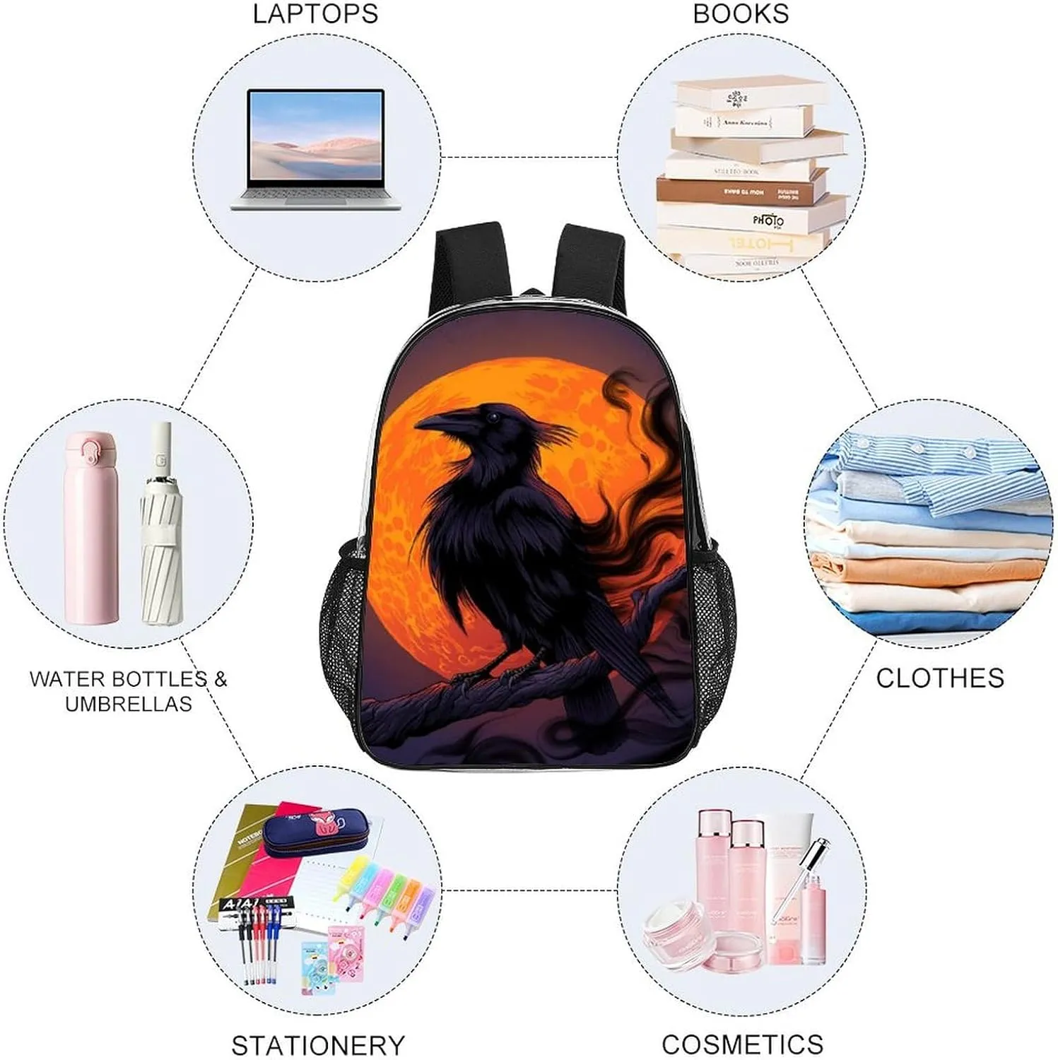 Halloween Raven Moon Dark Night Art Daypack Lightweight Multipurpose Anti-Theft Shoulder Bag Large Capacity Laptop Book Bag Rucksack Transparent Bag