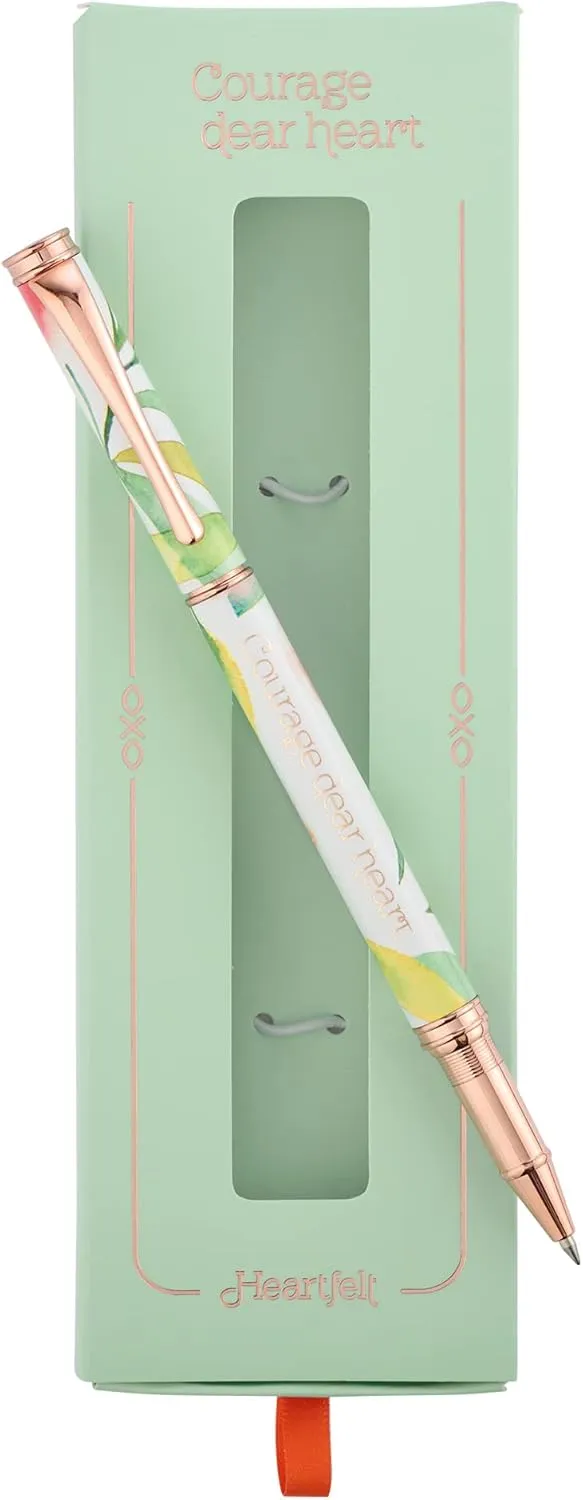 Heartfelt Women's Gel Writing Pen, Rose Gold Metal w/Floral Orange Blossoms Pastel Watercolor Flower Art Design Courage Dear Heart Inspirational Quote, Smooth Black Ink .5mm Fine Point