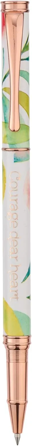 Heartfelt Women's Gel Writing Pen, Rose Gold Metal w/Floral Orange Blossoms Pastel Watercolor Flower Art Design Courage Dear Heart Inspirational Quote, Smooth Black Ink .5mm Fine Point