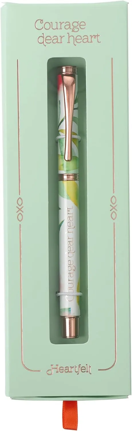 Heartfelt Women's Gel Writing Pen, Rose Gold Metal w/Floral Orange Blossoms Pastel Watercolor Flower Art Design Courage Dear Heart Inspirational Quote, Smooth Black Ink .5mm Fine Point