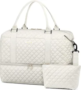 HOTOR Travel Duffel Bag - Weekender Bags for Women, Carry On Overnight Bag with Shoe Compartment, with Toiletry Bag for Travel Essentials and Travel Accessories, Beige, 13.4"17.3"7.9"