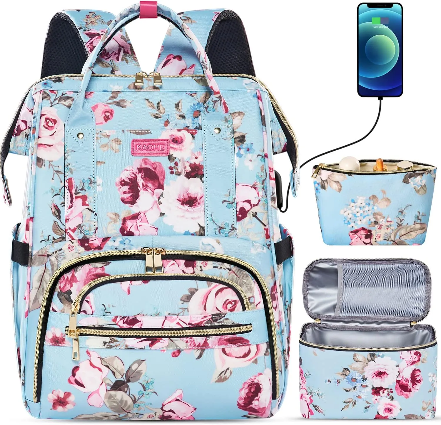 Kaome Lunch Backpack 15.6 Inch Laptop Backpack for Women with USB Port Nurse Gift Teacher Work Backpack Cooler Insulated Lunch Bag Waterproof Daypacks for Work Picnic Travel Anti-theft