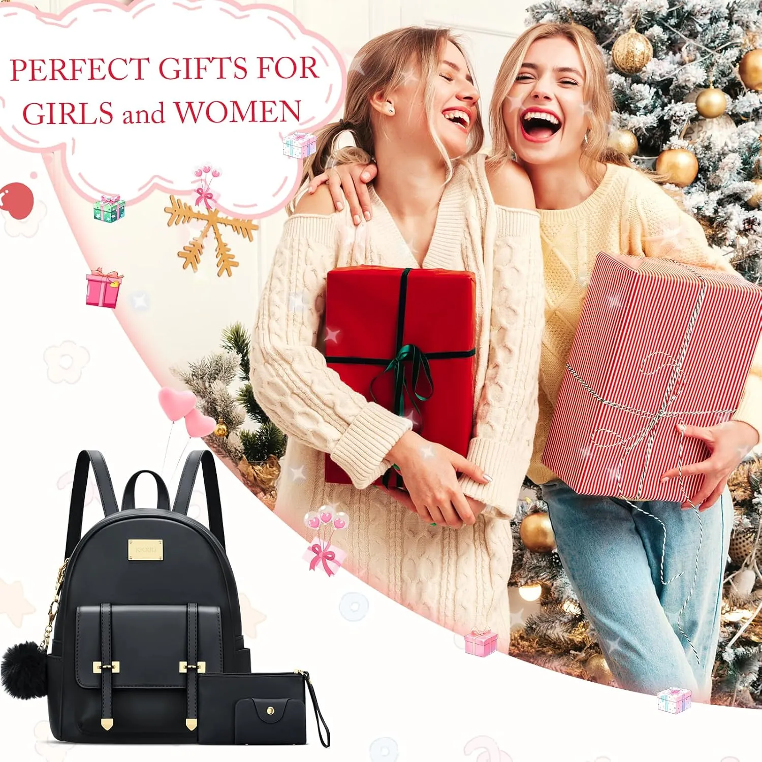 KKXIU 3pcs Fashion Small Synthetic Leather Backpack Purse Cute Mini Bookbag for Women and Girls