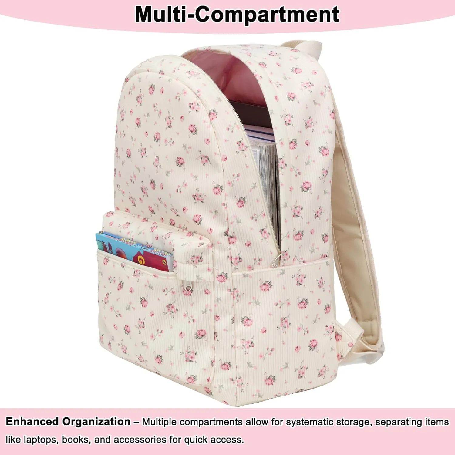Octsky School Backpack for Girls Teens Corduroy Bookbags with Lunch Box, Women Travel Daypacks, Pink Flowers