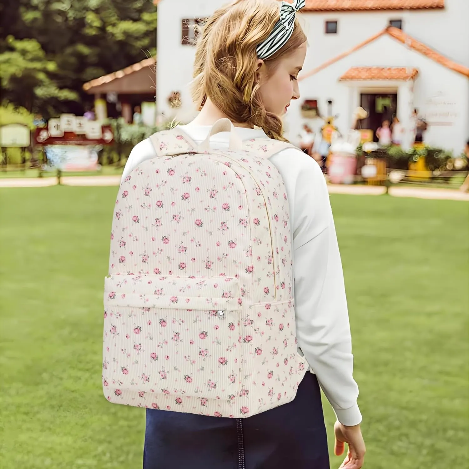 Octsky School Backpack for Girls Teens Corduroy Bookbags with Lunch Box, Women Travel Daypacks, Pink Flowers