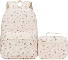Octsky School Backpack for Girls Teens Corduroy Bookbags with Lunch Box, Women Travel Daypacks, Pink Flowers