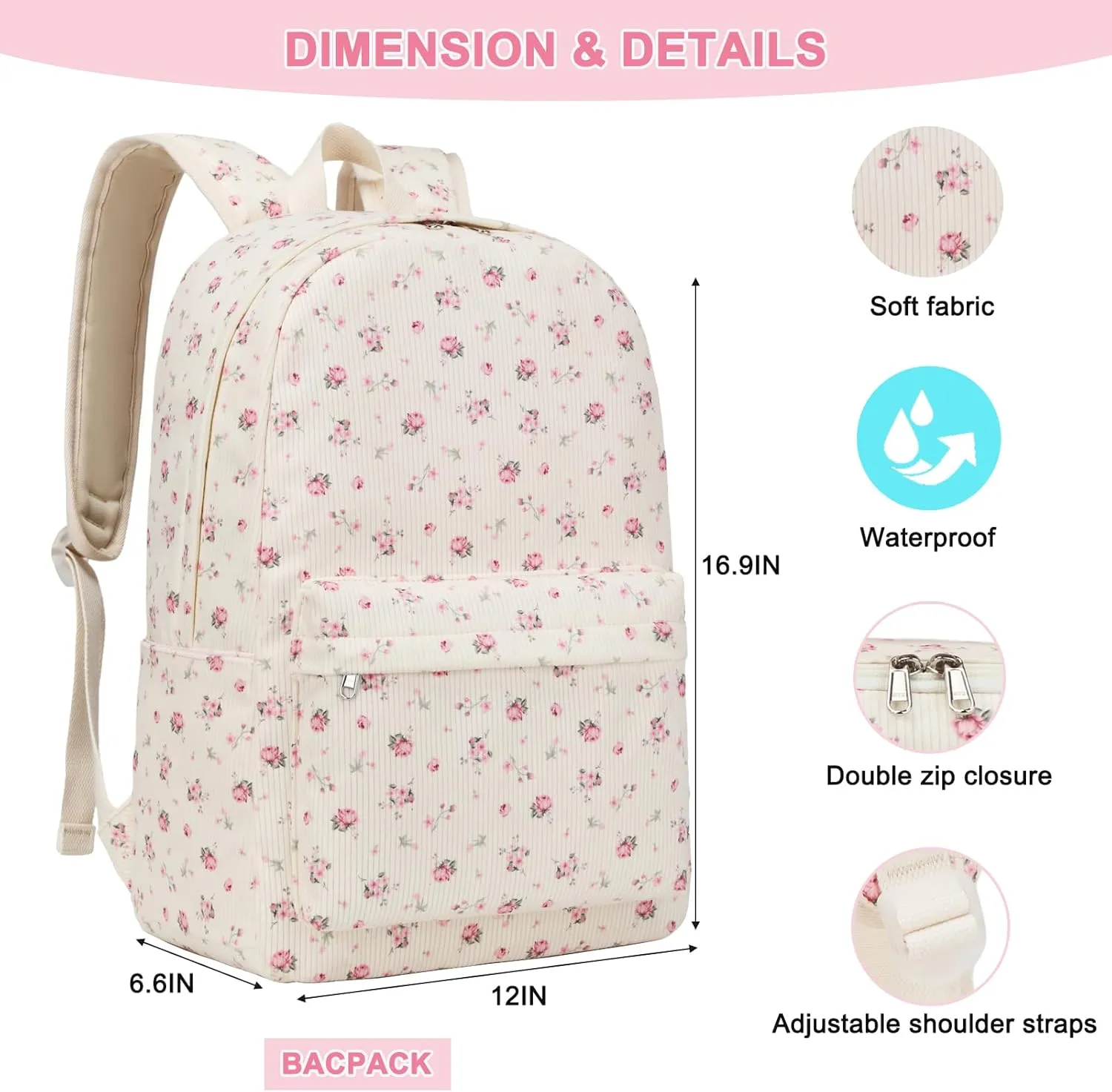 Octsky School Backpack for Girls Teens Corduroy Bookbags with Lunch Box, Women Travel Daypacks, Pink Flowers