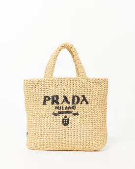 Prada Beige Logo Raffia Small Tote Bag