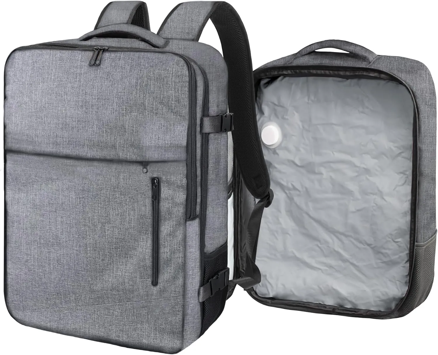 SUOCO Travel Vacuum Backpack, 60L Seal Compression Air Vac Bag Back Pack with Travel Pump, Carry On Suitcase Luggage Flight Approved for Men Women Personal Item, Grey
