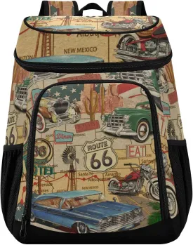 susiyo Vintage Route 66 Poster Insulated Cooler Backpack, Large Capacity 30 Cans Lunch Cooler Bag for Picnic Travel