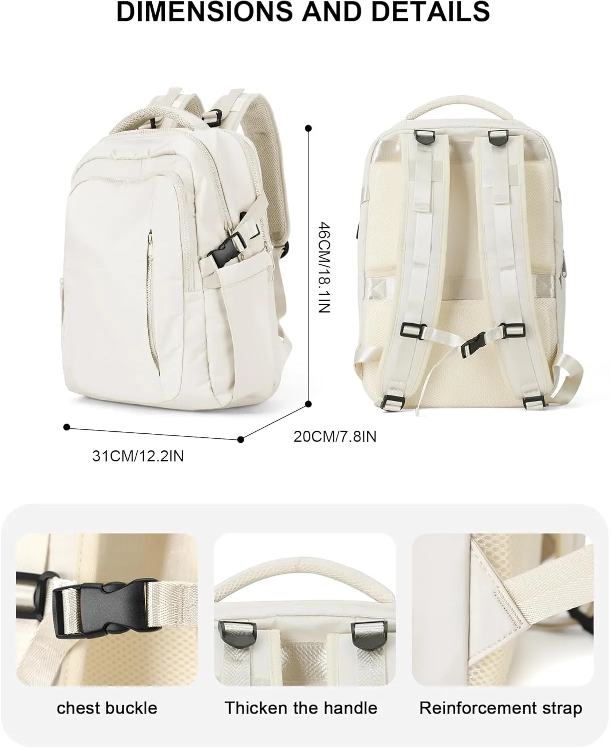 suwasp Large Travel Backpack for Women Men Airline Approved Carry On Personal Item Backpack Bag Frontier Airlines Personal Item Bag Flight Approved Luggage Backpack - White