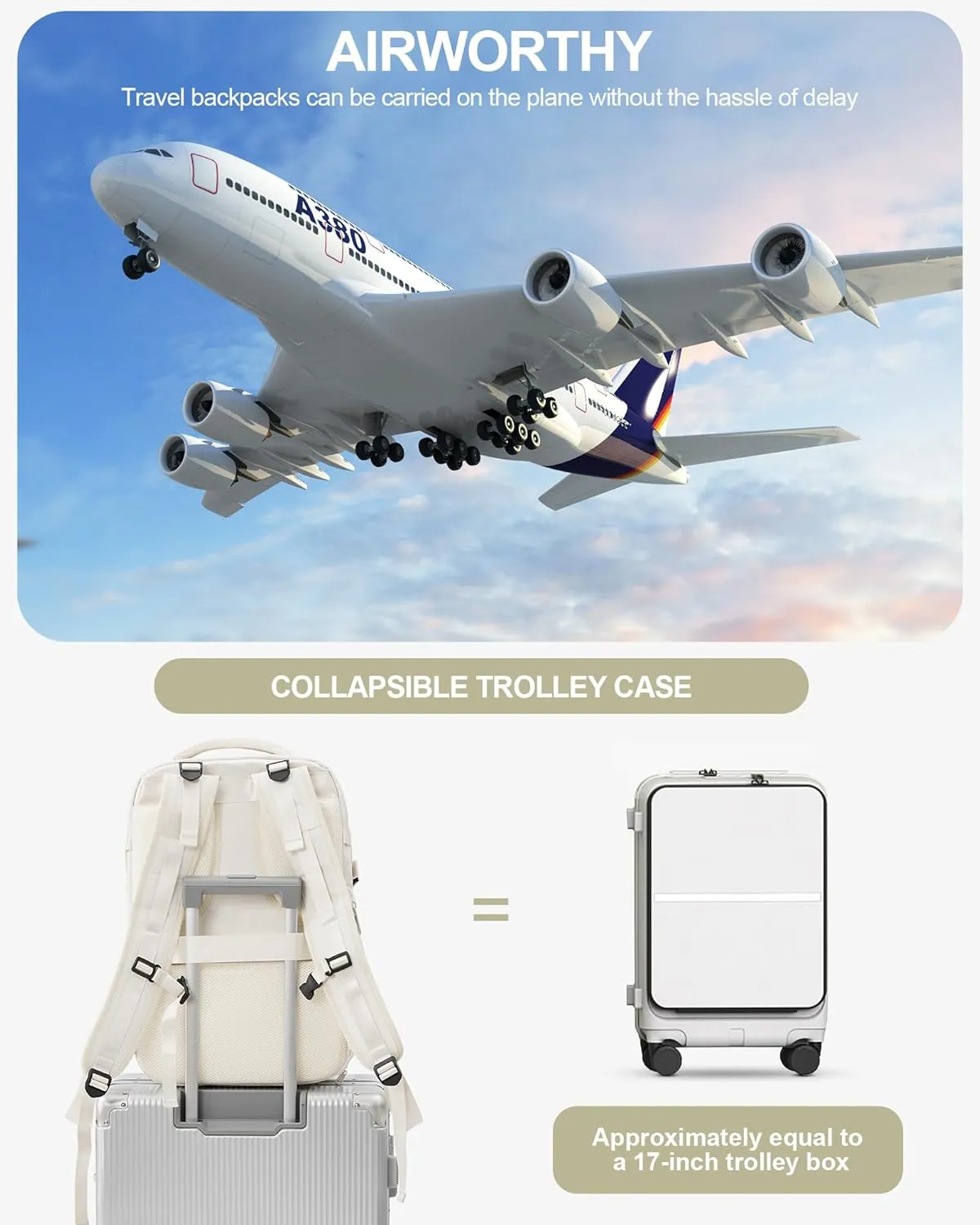 suwasp Large Travel Backpack for Women Men Airline Approved Carry On Personal Item Backpack Bag Frontier Airlines Personal Item Bag Flight Approved Luggage Backpack - White