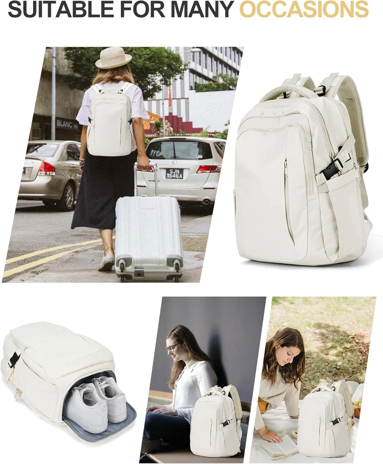 suwasp Large Travel Backpack for Women Men Airline Approved Carry On Personal Item Backpack Bag Frontier Airlines Personal Item Bag Flight Approved Luggage Backpack - White