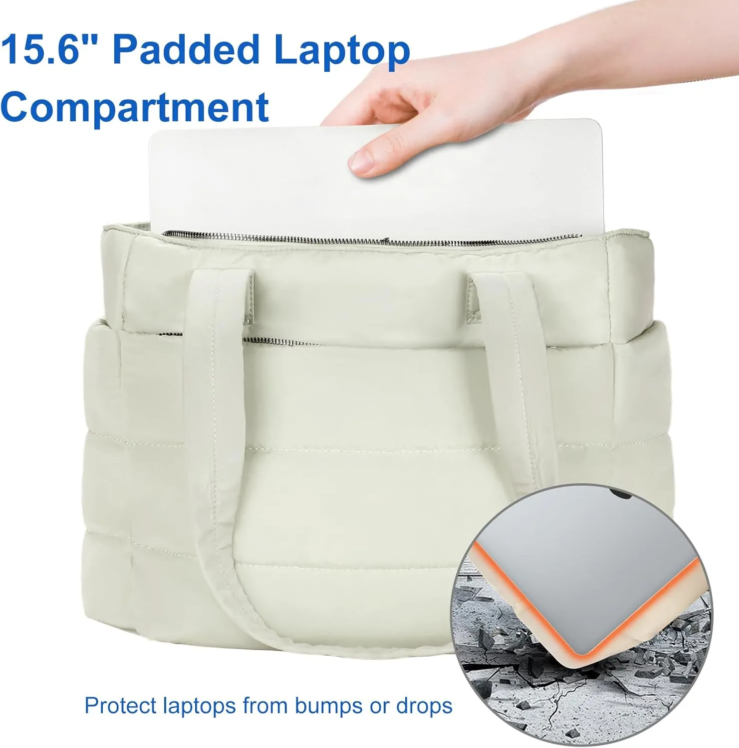 Tote Bag for Women with Zipper, Soft Lightweight Puffy Bag with Compartment, Quilted Handbag for Travel, Work, Sport