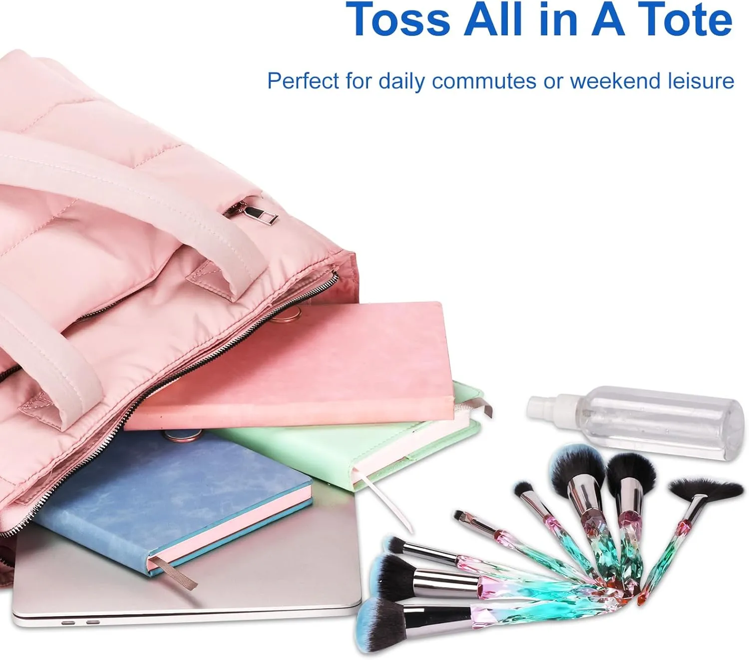 Tote Bag for Women with Zipper, Soft Lightweight Puffy Bag with Compartment, Quilted Handbag for Travel, Work, Sport